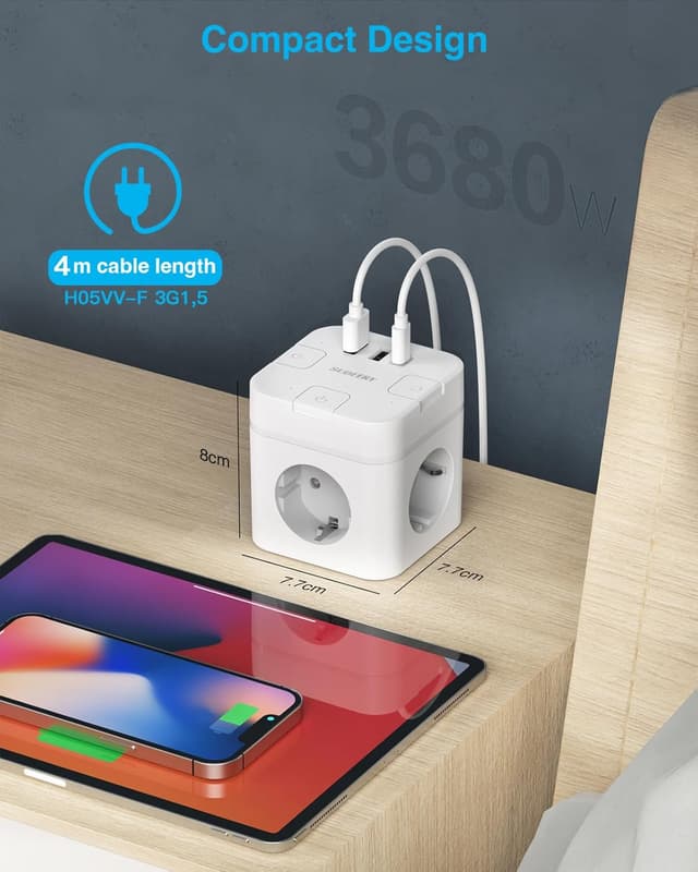 Thumbnail 6 de 6-in-1 Steckdosenwürfel mit USB-C und 3 USB-Anschlüssen (3 AC einzeln schaltbar) – 4 m Kabel, weiß