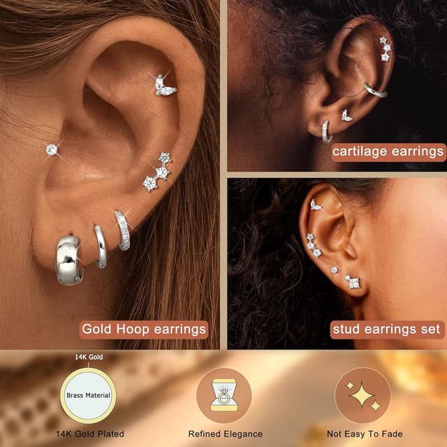 Detalle de Roheafer 7 Paar Ohrringe-Set für Damen mit 14K vergoldeten Creolen & Ohrsteckern (hypoallergen, chirurgischer Stahl)