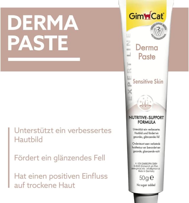 Detalle de GimCat EXPERT LINE Derma Paste (50 g) – funktionaler Katzensnack für verbessertes Hautbild und gesundes Fell