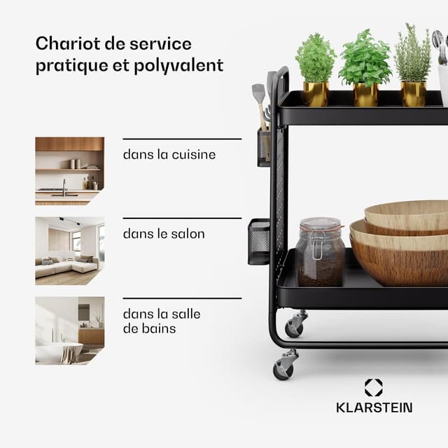 Detalle de Klarstein Desserte à roulettes compacte à 3 niveaux pour cuisine et bar