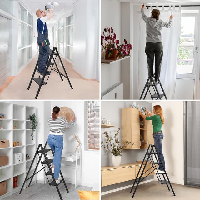 Detalle de Scala pieghevole in alluminio a 4 livelli antiscivolo fino a 150 kg (nera) per casa, cucina e ufficio