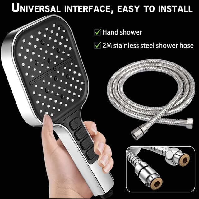 Detalle 2 de HOAENTSA square high-pressure shower head with 2m hose (7+1 modes)