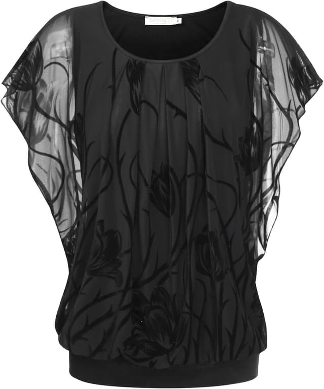 Detalle de BAISHENGGT Damen Sommer Netz-Bluse mit Rundkragen und kurzem Fledermausärmel