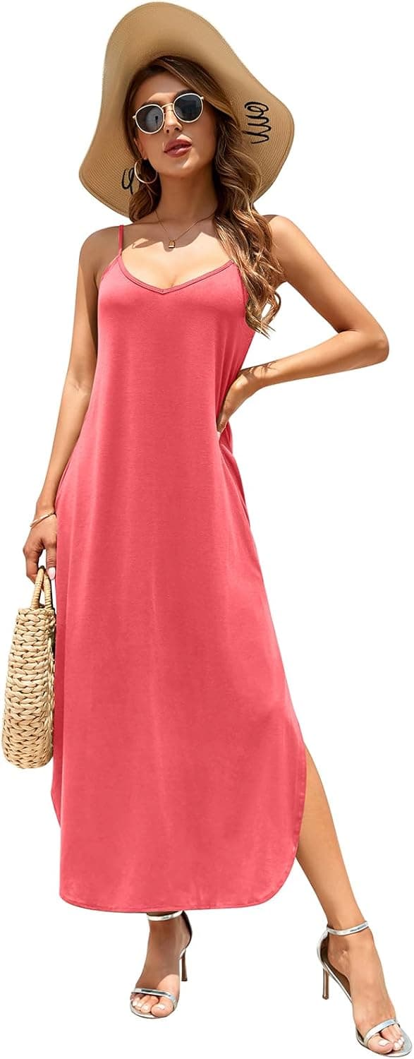 Detalle de HUSKARY Women’s Summer Casual Sleeveless V-Neck Strappy Split Loose Dress (Beach Cover-Up Maxi) with Pocket