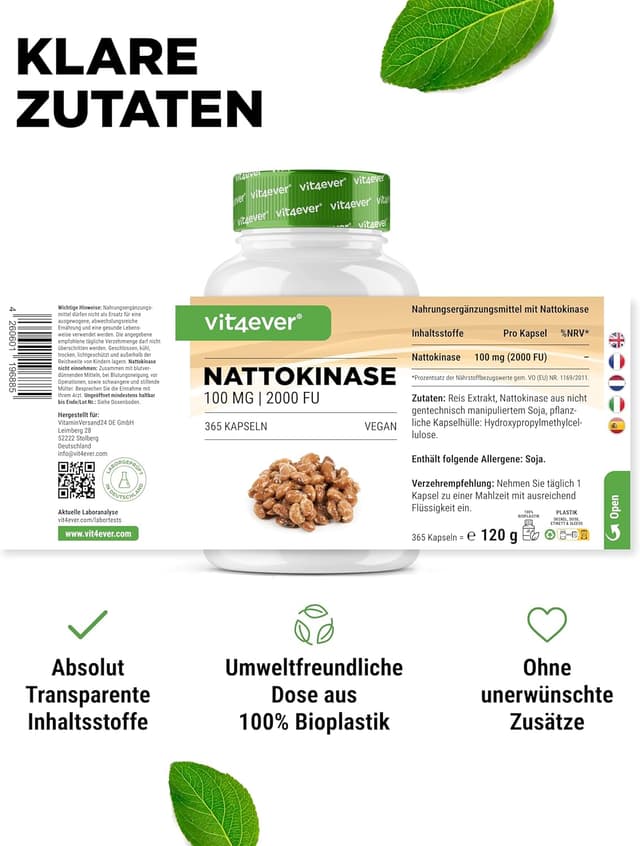 Detalle de vit4ever Nattokinase 100 mg (20.000 FU/g) – 180 Kapseln, vegan