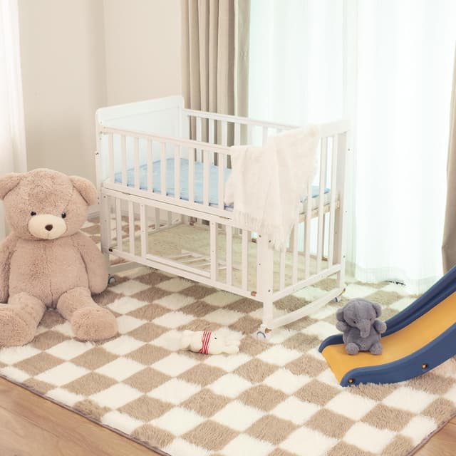 Thumbnail 6 de Toohub Super Soft 6x9 Ft Beige and White Checkered Shaggy Area Rug (Non-Skid, High Pile)