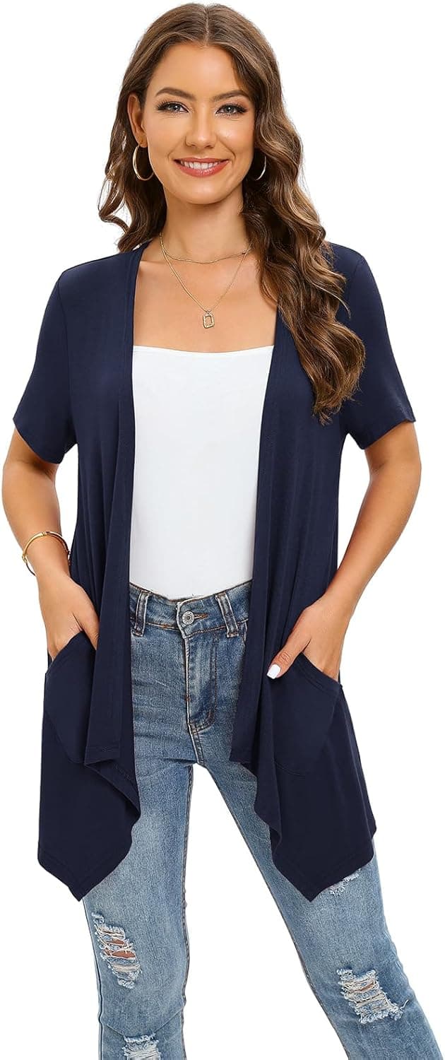 Thumbnail 1 de Wiwclo Veryoung Damen-Cardigan mit kurzen Ärmeln, offen vorne und Taschen – leichter Sommer-Cardigan mit High-Low-Saum