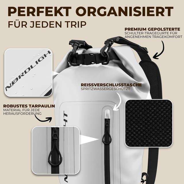 Thumbnail 6 de Nordlight Dry Bag wasserdichte Tasche mit Handyhülle & Roll-Top, Schultergurt – 30 Liter (Weiß)
