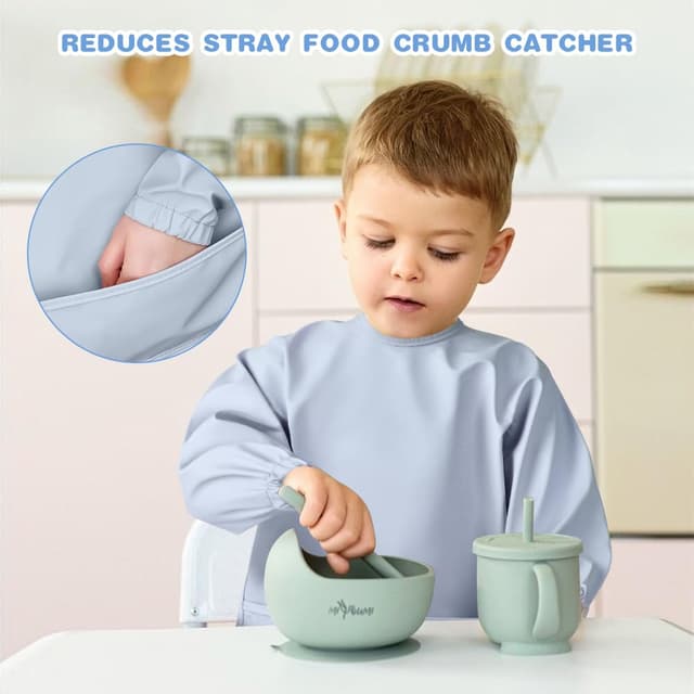 Detalle 2 de Vicloon Baby-Lätzchen mit langen Ärmeln, wasserdicht mit Tasche – Grün (6 bis 12 Monate)