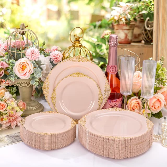 Detalle de Joyido 200PCS Pink and Gold Disposable Plates Set for Weddings, Bridal Showers, and More
