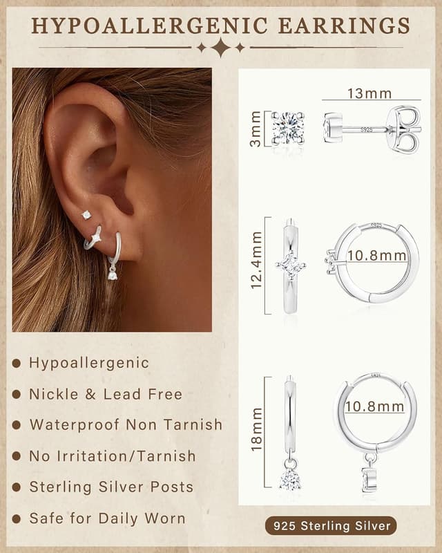 Detalle 2 de ZNBOH pendientes triple juego plata 925 hipoalergénicos