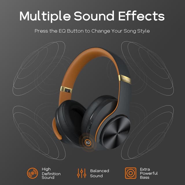 Detalle de DOQAUS Wireless Over-Ear Headphones with Bluetooth 5.3, 3 EQ Modes and Mic (up to 90 hours) — Black-Brown