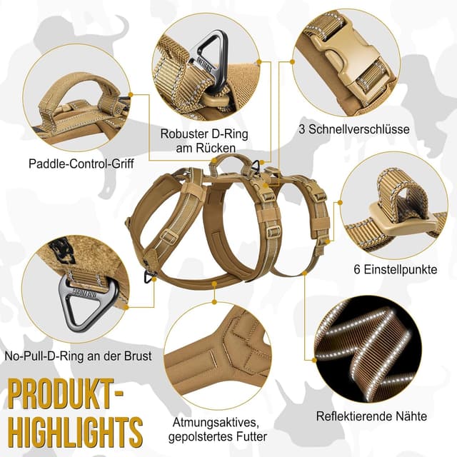 Detalle de OneTigris HOUNDLOCK Hundegeschirr mit Ausbruchschutz, gepolstertem Brustbereich und reflektierenden Nähten (Braun, M)