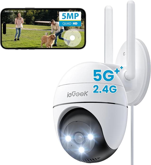 Detalle de ieGeek 5MP Outdoor WiFi Security Camera (2.4/5Ghz) with 360° PTZ, Human Detection, Siren & Light Alarm