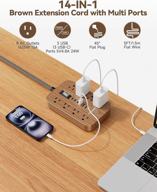 Detalle de Walnut Power Strip with USB Ports (5 ft) — Wood Extension Cord with 6 AC Outlets and 6 USB