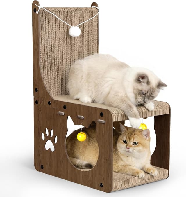 Detalle de Gimars Grattoir chat en carton en forme de chaise avec balles et tunnel cachette (noyer)