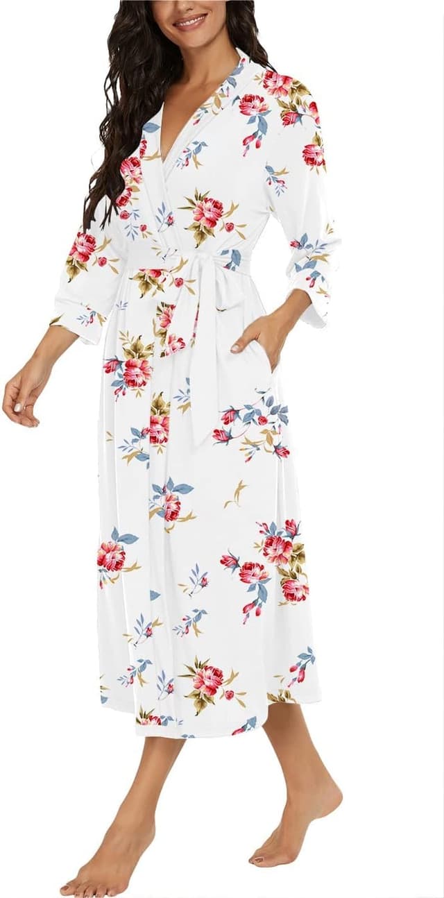 Detalle de PrinStory Women Long/Short Knit Kimono Bathrobe Dressing Gown with Pockets and Adjustable Sash