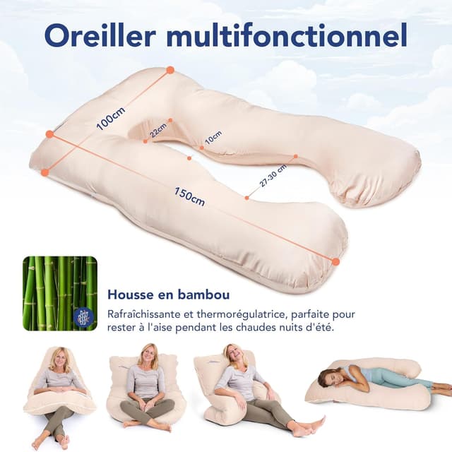 Detalle de MKS Coussin de grossesse 100x150 cm en U : support ergonomique et housse en bambou lavable