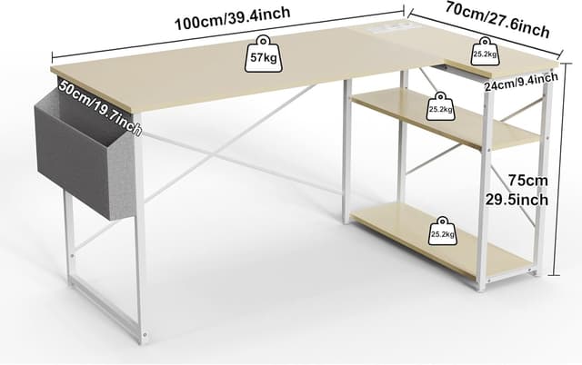 Detalle de BEXEVUE Small L-Shaped Desk with Power Outlets, 100x70 cm corner workstation with reversible storage shelves (beige)