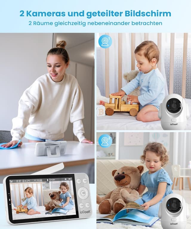 Detalle 2 de ieGeek Babyphone mit 2 Kameras (2,5K/4MP) WLAN, App, 360°-PTZ & AI-Erkennung