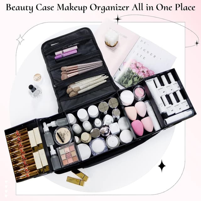 Detalle de Feibrand Large Makeup Organiser Box Vanity Case – Black travel make up bag with 2 layers, 4 expandable trays