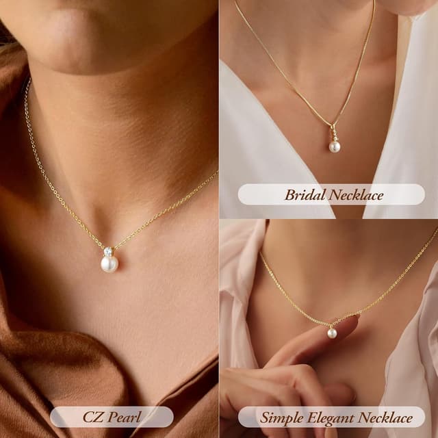 Detalle de TINGN Vergoldete Perlenkette Damen (14 Karat) – eleganter Choker mit Perlenanhänger