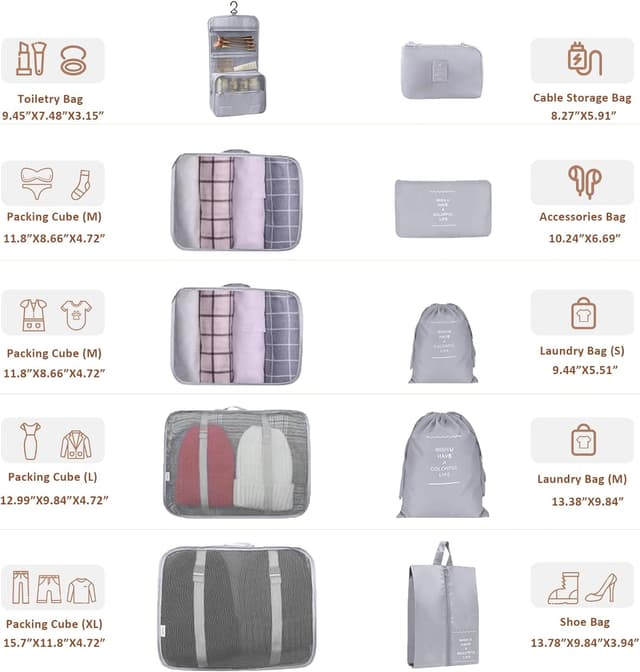 Detalle de SINZUX 10-teiliges Koffer-Organizer-Set Grau – Packing Cubes & Reise-Organizer für Koffer, Rucksack & Handgepäck