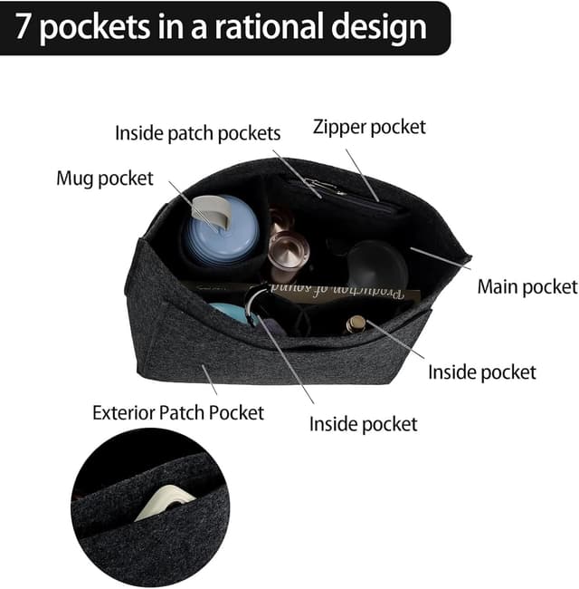 Detalle de HYEPNED Bag Wallet Insert Organizer (Black M) – Felt multi-pocket tote insert for Longchamp