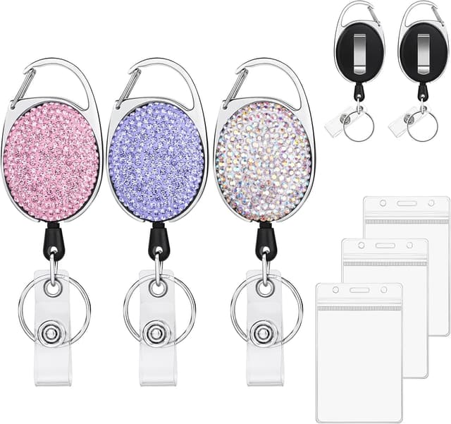 Detalle de Vicloon einziehbarer Schlüsselanhänger mit ID-Kartenhalter (3 Stück) – Ausweishalter mit Strass-Optik