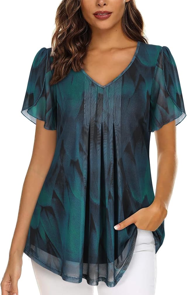 Detalle de ACDAY V-neck ruffle short sleeve chiffon-style blouse with double-layer mesh tunic design for women
