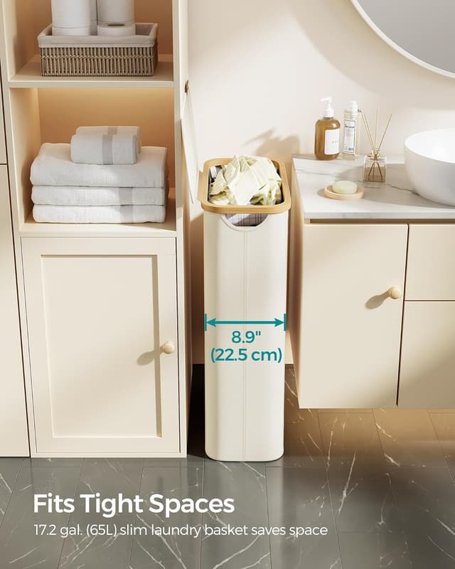 Detalle de SONGMICS LCB506W01 Slim Laundry Basket with Lid (65L) with Removable Mesh Liner