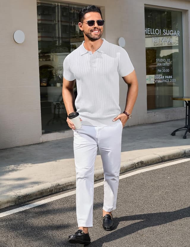 Detalle de COOFANDY Polo Homme tricoté manches courtes stretch à 3 boutons