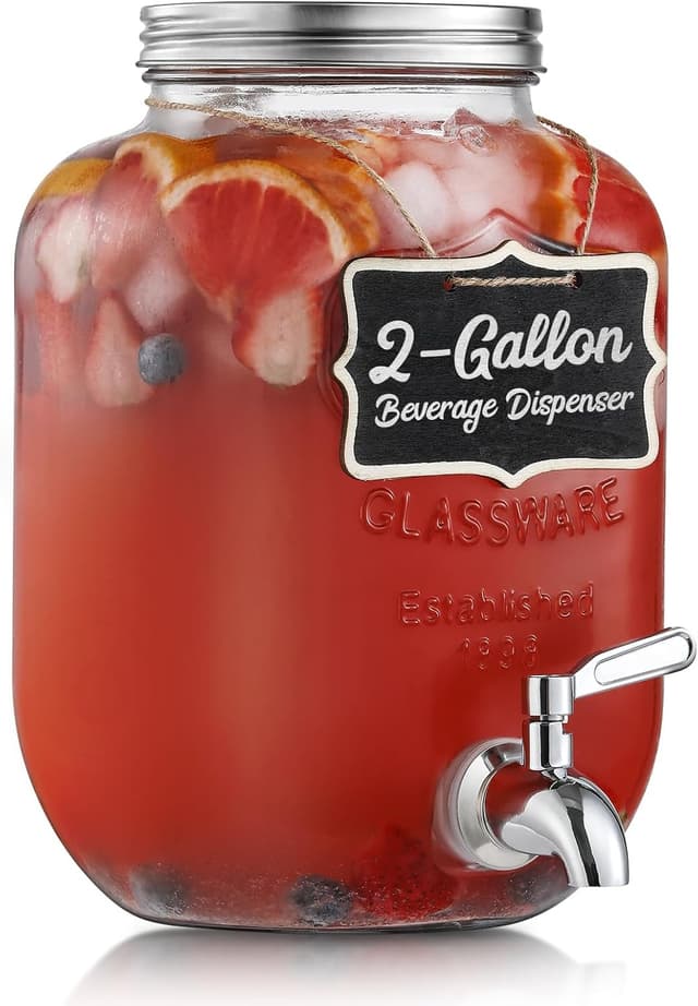 Detalle de 2 Gallon Glass Beverage Dispenser with 18/8 Stainless Steel Spigot and Lid