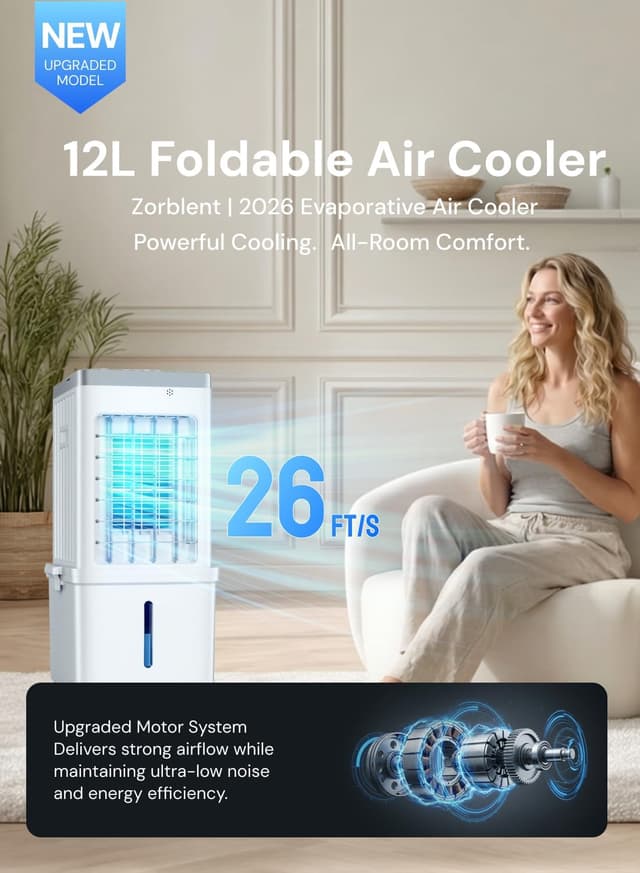 Detalle de Portable Air Conditioner 4-in-1 Evaporative Air Cooler Fan with 12L Tank, 3 Ice Packs & Quiet 46dB