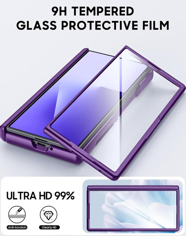 Detalle 1 de Vizvera Case for Samsung Galaxy Z Fold 7 (Purple) with RFID wallet card holder, HD tempered glass and sliding camera cover