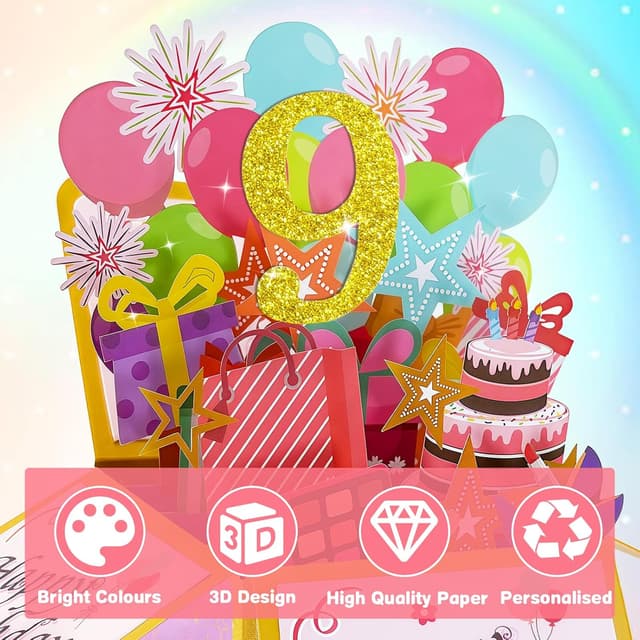 Detalle de Hierein 9th Birthday Pop Up Card (Pink) – 3D Golden “9” for a 9 Year Old Girl