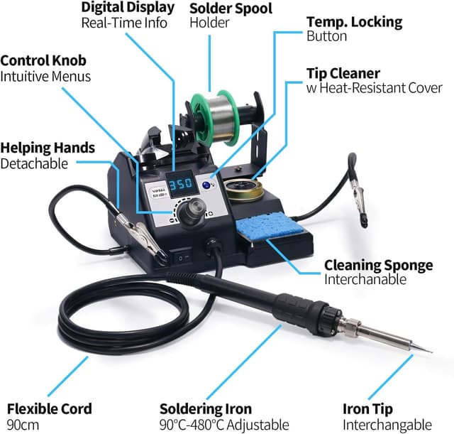 Detalle de YIHUA 926LED-IV 60W Lötstation mit 90–480°C, Entlötpumpe & Zubehör-Set (inkl. 2 helfenden Händen)