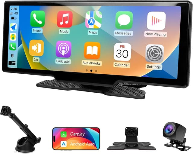 Detalle de 10,26-Zoll Wireless CarPlay/Android Auto Display mit 4K Dashcam & Rückfahrkamera, Bluetooth, Split Screen und FM/AUX