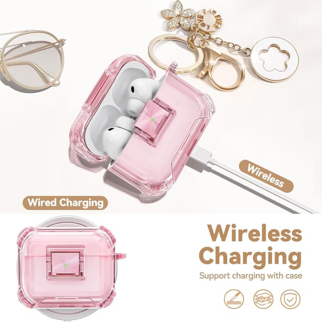 Detalle de Wowwat AirPods Pro 3 Case (2025) with Safety Lock, Clear Soft TPU Cover + Bling Keychain & Cleaner Kit (Clear Pink)