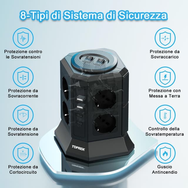 Detalle de TOPREK Multipresa verticale 8 prese universali ITA + USB-C/USB-A 4000W/16A con cavo 2 m