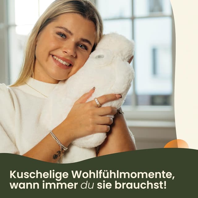 Detalle de KUNU® XXL Wärmflasche (3,4 l) – flauschiger Bezug, auslaufsicher & extra Bezug – beige, inkl. Geschenkverpackung