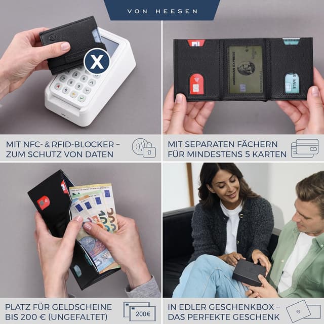 Detalle 2 de VON HEESEN Slim Wallet mit Münzfach & RFID-Schutz aus Nappaleder – schwarze Mini-Geldbörse