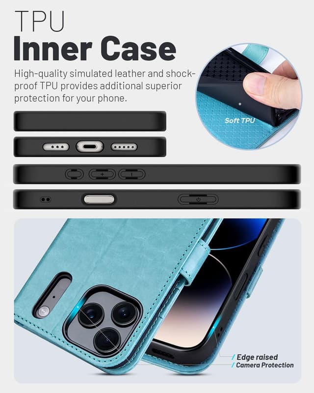 Detalle de OCASE Hülle für iPhone 17 Pro Max 5G – Kartenfach, Magnet & Standfunktion, RFID Blocker, stoßfeste Lederhülle in Eisblau