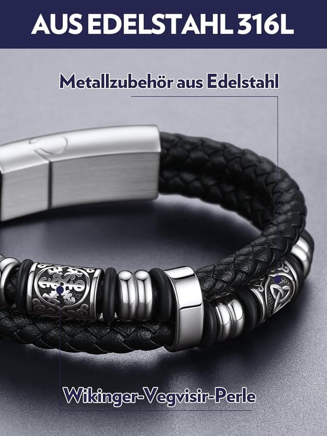 Detalle de Bandmax Lederarmband für Männer mit keltischen Knotenelementen und Magnetverschluss (Mikrofaser-Leder)