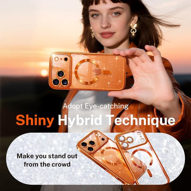 Detalle 2 de Glitter for iPhone 17 Pro Max Case with Integrated Lens Protection, MagSafe-Compatible Sparkly Back Panel (Cosmic Orange)