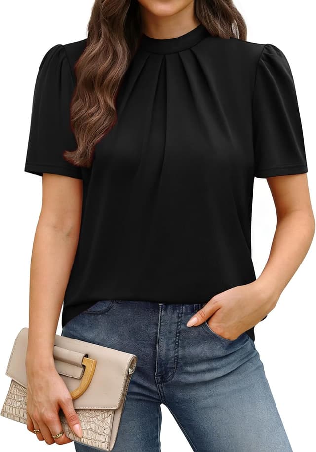 Detalle de WIHOLL long sleeve mock neck pleated blouse for women – business loose fit top