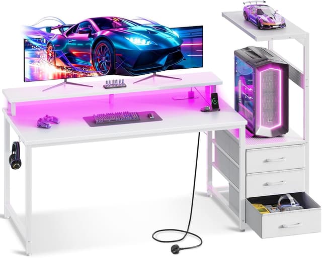 Detalle de Coleshome 150×50 cm Gaming Desk with LED Lights, Power Outlets & Reversible Shelf (Carbon Fibre White)