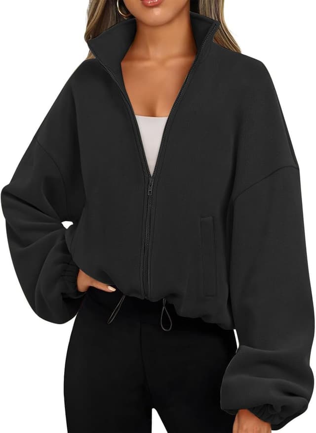 Detalle de Famulily women’s drawstring hem full-zip fleece cropped sweatshirt jacket with pockets (S–XL)