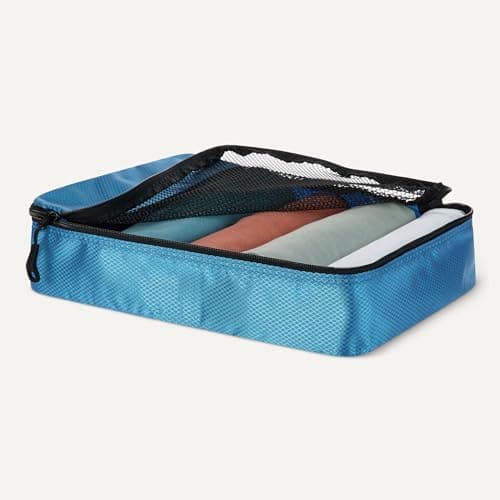 Detalle de Amazon Essentials Juego de 4 cubos para viaje con doble cremallera y parte superior de malla (celeste)