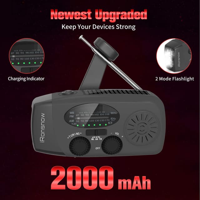 Detalle 2 de iRonsnow 2000mAh wind-up solar emergency crank weather radio (NOAA/FM/AM) with torch & USB-C phone charging